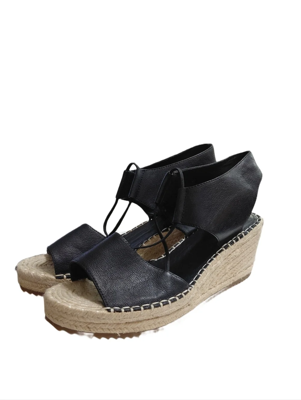 Eileen Fisher Black Leather Espadrille Wedge Sandals Size 10